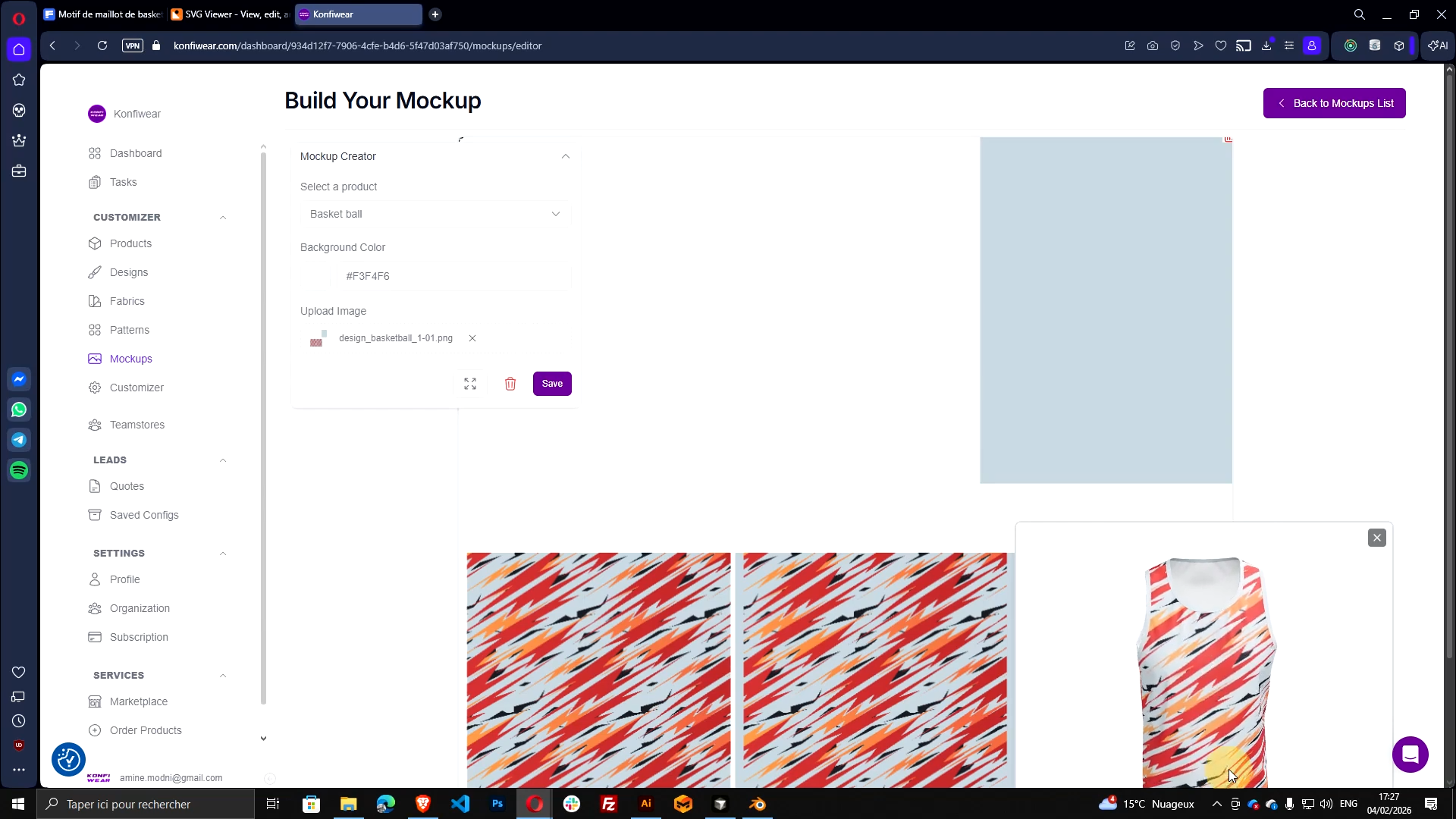 Konfiwear Mockup Designer generating preview image for basketball jersey design
